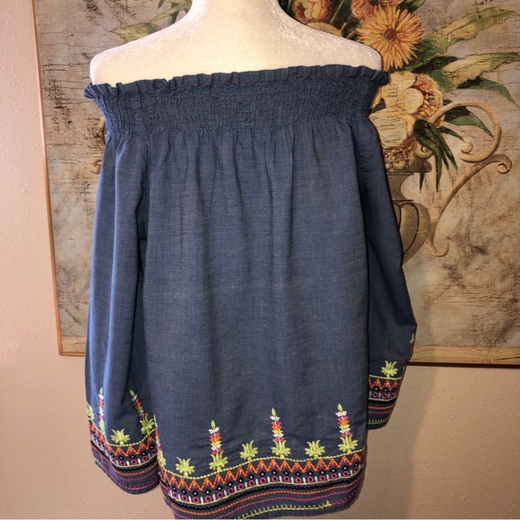 Sz S/M Anthropologie Charlie Paige Blue Chambray Embroidered Smocked L/S Shirt - Picture 8 of 12